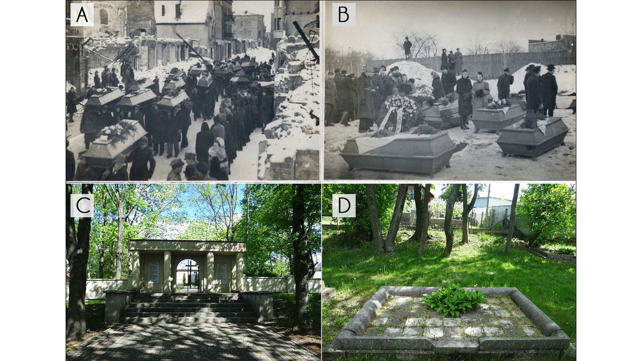 Photos of (A-B) the funeral of people murdered in Death Valley; (C) the gateway to the Cemetery of the Victims of Nazi Crimes in Chojnice; and (D) one of the mass graves in the Cemetery of the Victims of Nazi Crimes in Chojnice.