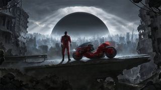 Moody art of Akira and motorcycle at night, overlooking a city skyline