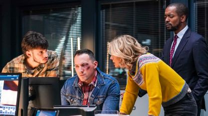 The location of Southbay in Silent Witness explained. Seen here are Velvy (ALASTAIR MICHAEL) ,Jack Hodgson (DAVID CAVES), DR Nikki Alexander (EMILIA FOX) & DR Gabriel Folukoya (AKI OMOSHAYBI)