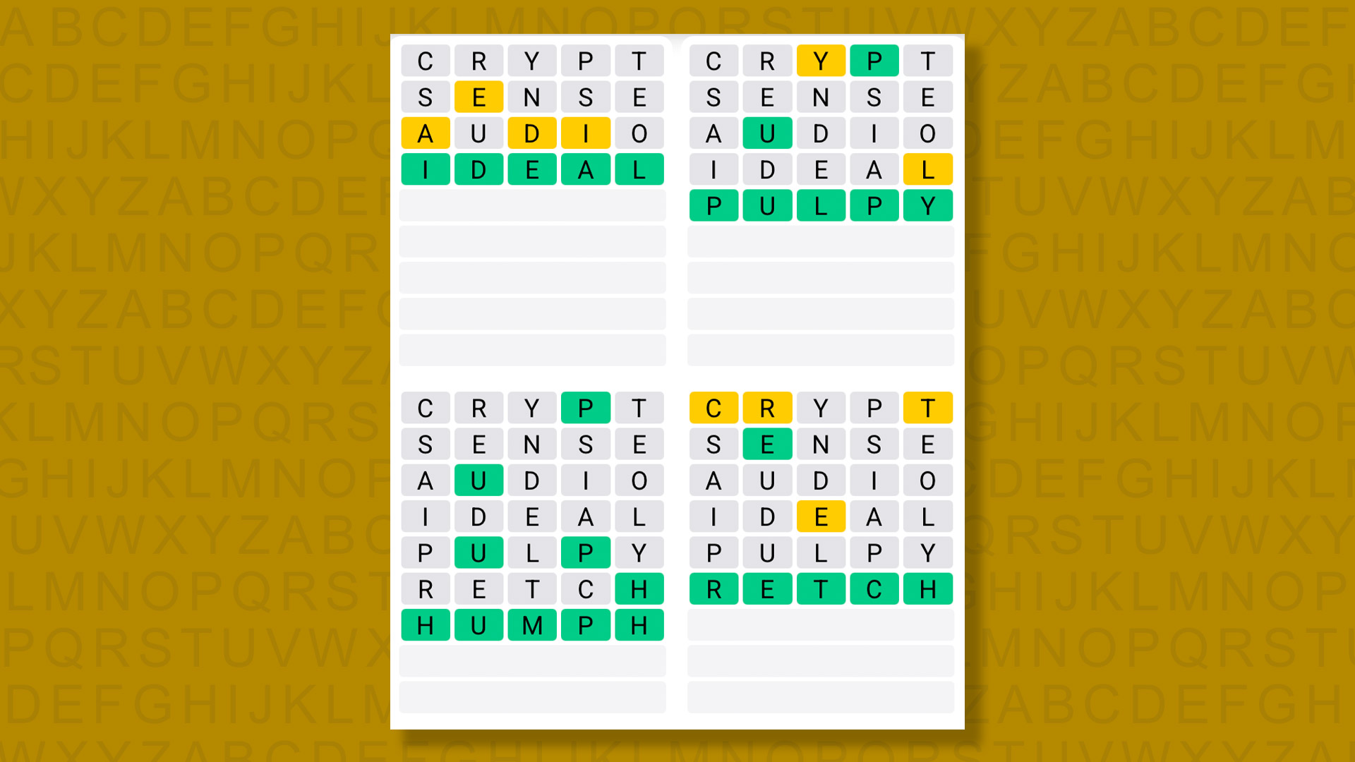 Quordle answers for game 1535 on a yellow background
