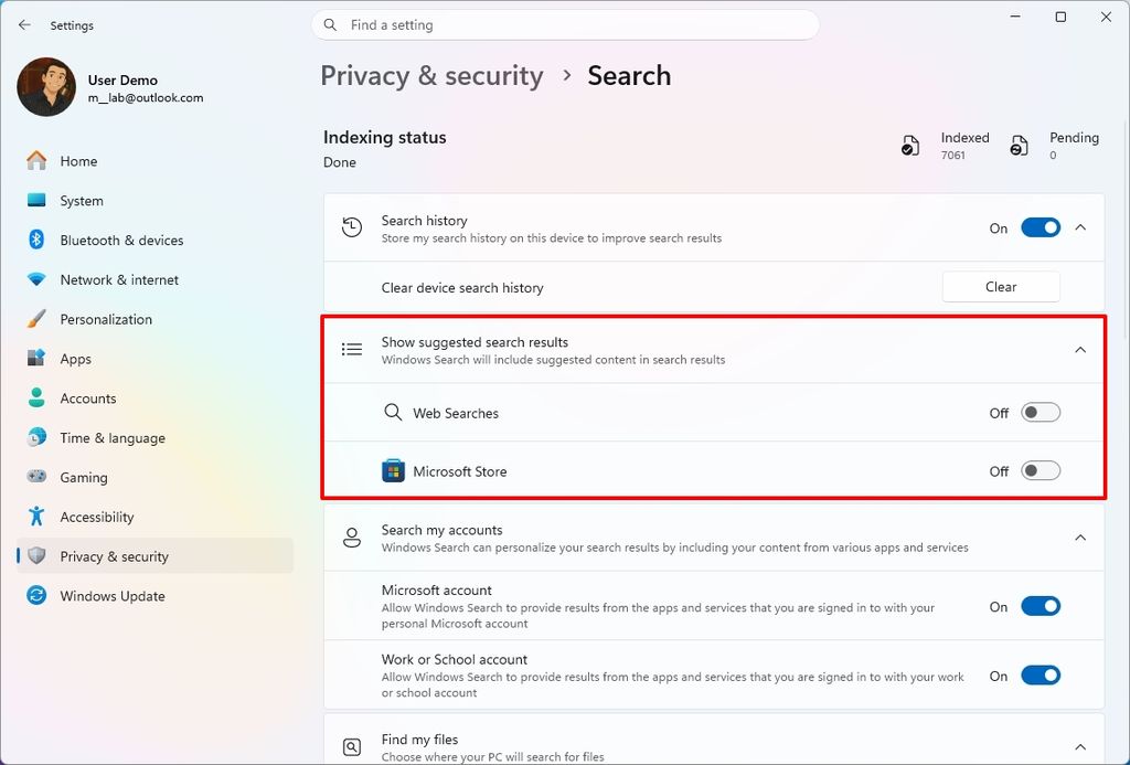 Windows 11 Settings showing the options to disable web searches and Microsoft Store apps from Windows Search.