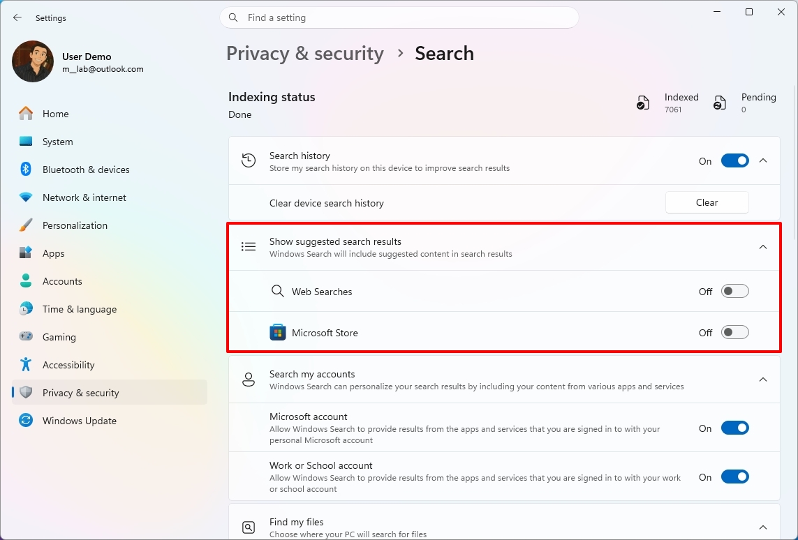 Windows 11 Settings showing options to disable web searches and Microsoft Store apps from Windows Search.