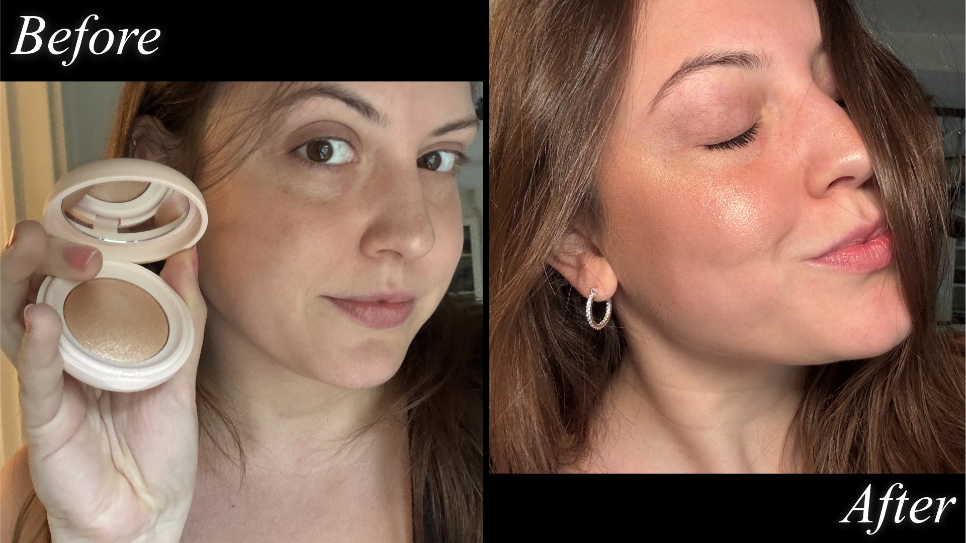 Sophia Vilensky before and after testing Polite Society's glowy new highlighter.