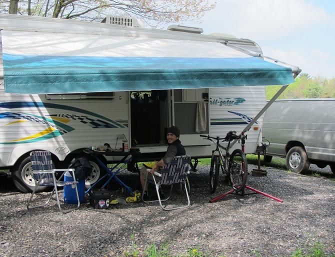 Home sweet home. Racer/Mechanic Mike preparing for the Trans-Sylvania Epic!