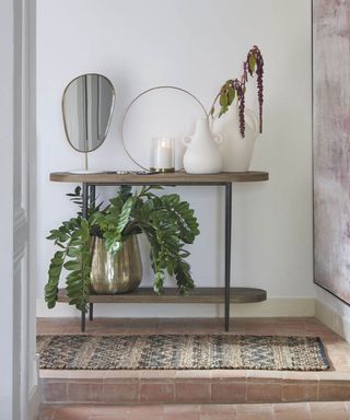 An entryway with a wooden storage console with a mirror, plants, and vases on it