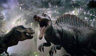 A spinosaurus enters battle with a tyrannosaurus rex in Jurassic Park III.