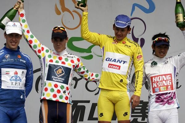 Jersey holders after stage 5 (l-r): Boris Shpilevski, points; Deon Locke, mountains; Muradjan Halmuratov, overall leader; Kam Po Wong, Greater China leader