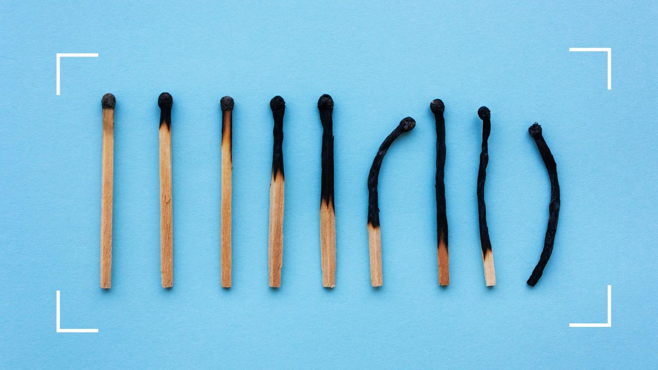 Row of matches in a line with several burnt out, representing the early signs of burnout