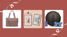 three of w&h's picks for Christmas gifts for parents on a dark red background