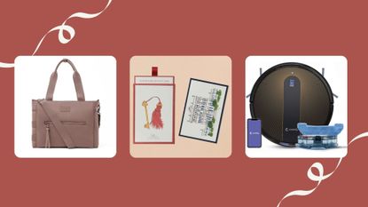 three of w&h's picks for Christmas gifts for parents on a dark red background