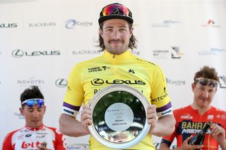 Katusha Sports' Marco Haller shows off the overall winner's trophy at the 2019 Bay Crits