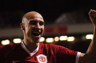 Henrik Larsson celebrates after scoring for Manchester United against Lille, 2007