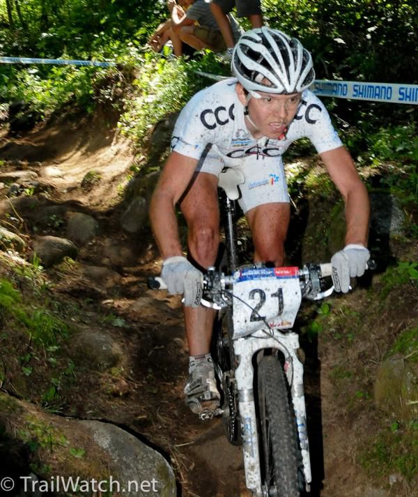Maja Wloszczowska (CCC Polkowice) descends through the rocks behind Catharine Pendrel