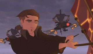 Treasure Planet Jim solar surfs away from the police