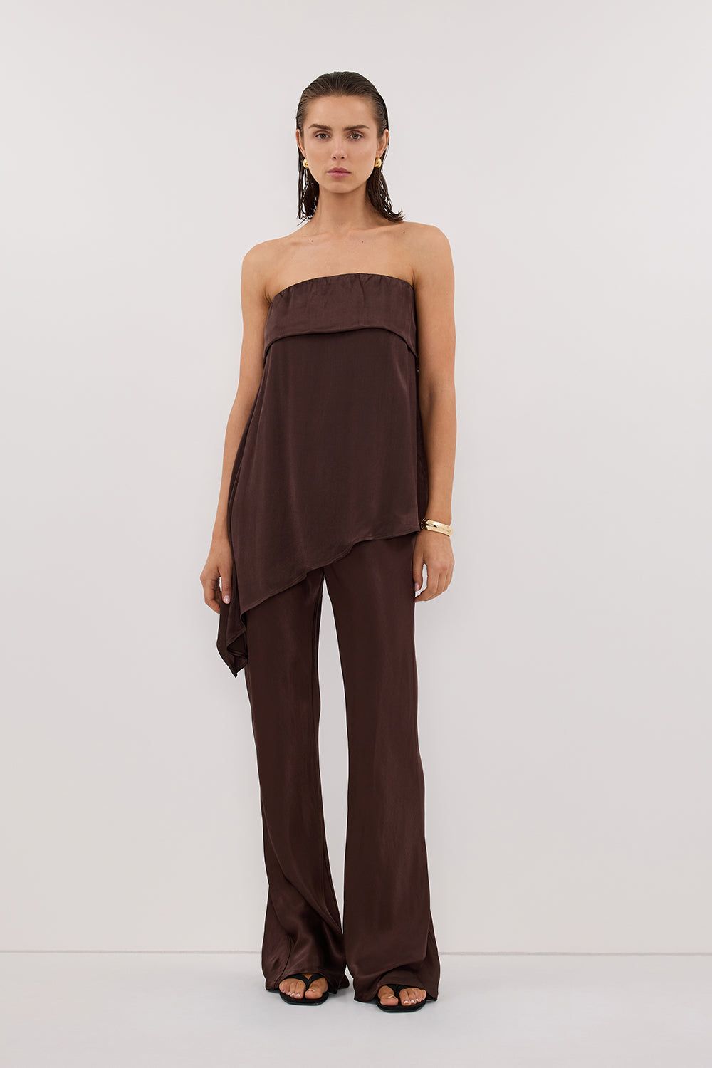 Sander Bitter Choc Strapless Satin Top - 2 / Bitter Chocolate