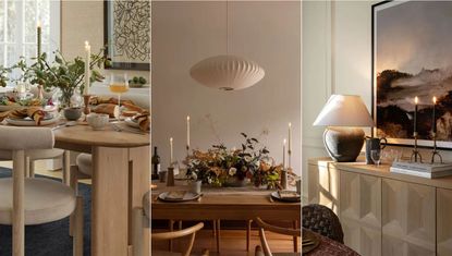 Minimalist Thanksgiving decor ideas. Close up of Thanksgiving table. Calming Thanksgiving table. Sideboard with candles and lamp.