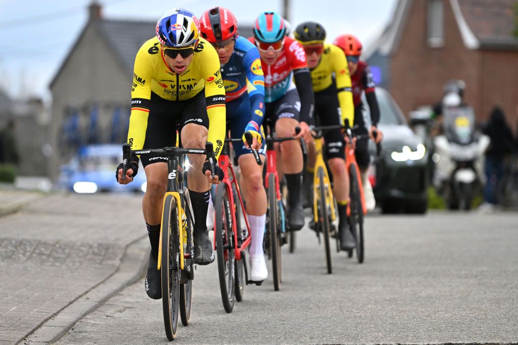 NINOVE BELGIUM FEBRUARY 24 Wout Van Aert of Belgium and Team Visma Lease A Bike competes in the breakaway during the 79th Omloop Het Nieuwsblad 2024 Mens Elite a 2022km one day race from Ghent to Ninove UCIWT on February 24 2024 in Ninove Belgium Photo by Luc ClaessenGetty Images