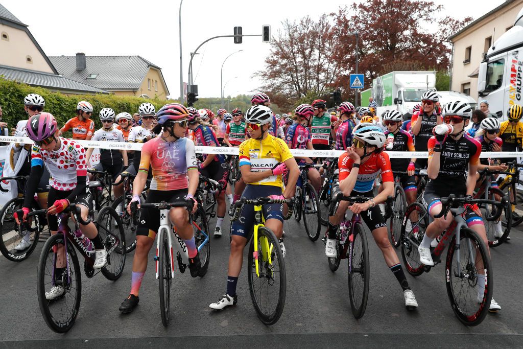 GARNICH LUXEMBOURG MAY 01 LR Anna Shackley of United Kingdom and Team SD Worx Polka Dot Mountain Jersey Marta Bastianelli of Italy and UAE Team ADQ Silvia Persico of Italy and Team Valcar Travel Service Yellow Leader Jersey and Christine Majerus of Luxembourg and Team SD Worx prior to the 14th Ceratizit Festival Elsy Jacobs 2022 Stage 2 a 1093km stage from Garnich to Garnich felsy on May 01 2022 in Garnich Luxembourg Photo by Bas CzerwinskiGetty Images