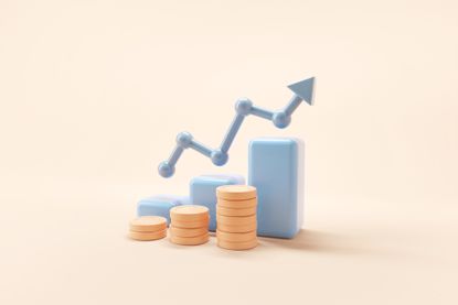 Upward pointing arrow, blue blocks and stacks of coins representing a simple investing chart