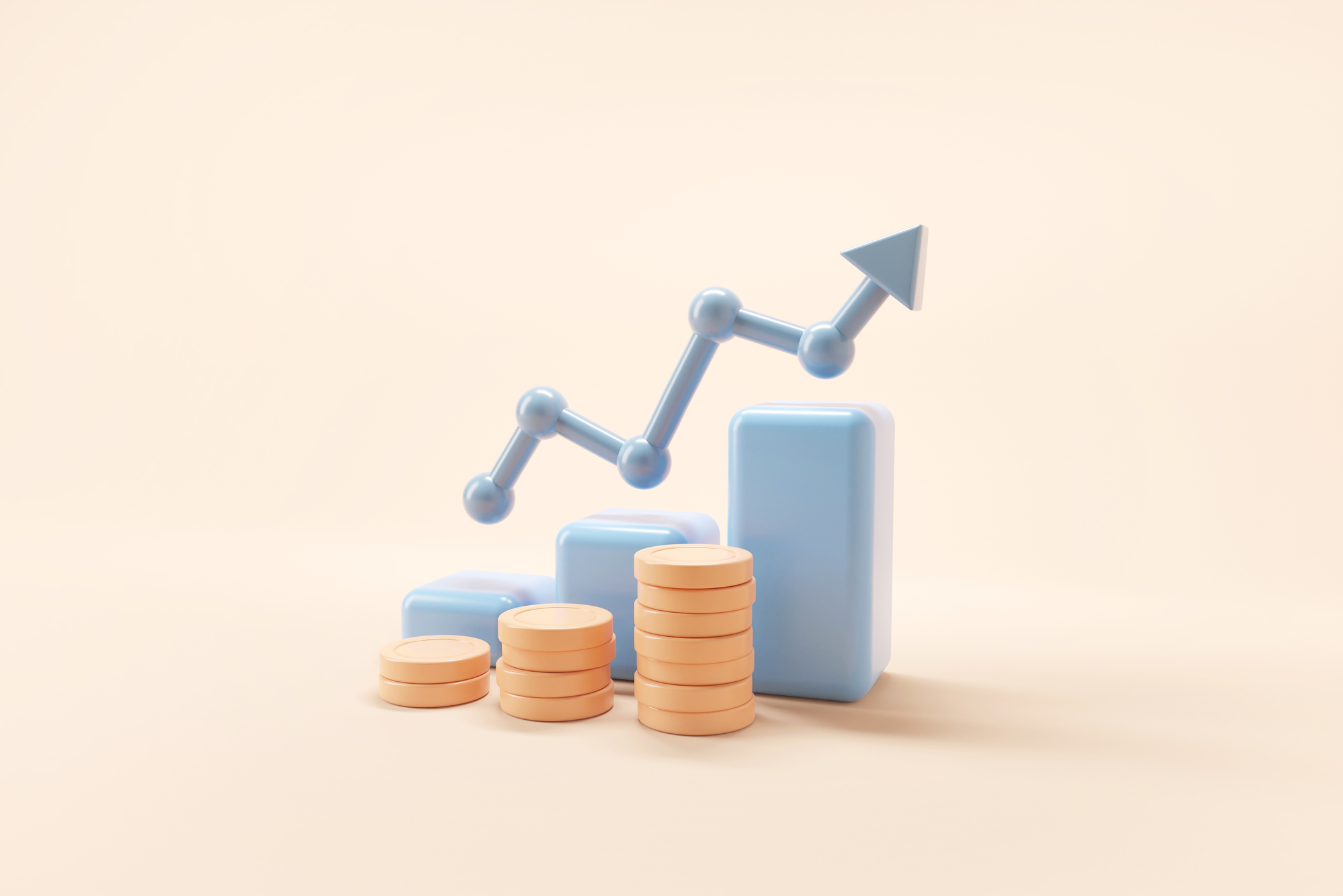 Upward pointing arrow, blue blocks and stacks of coins representing a simple investing chart