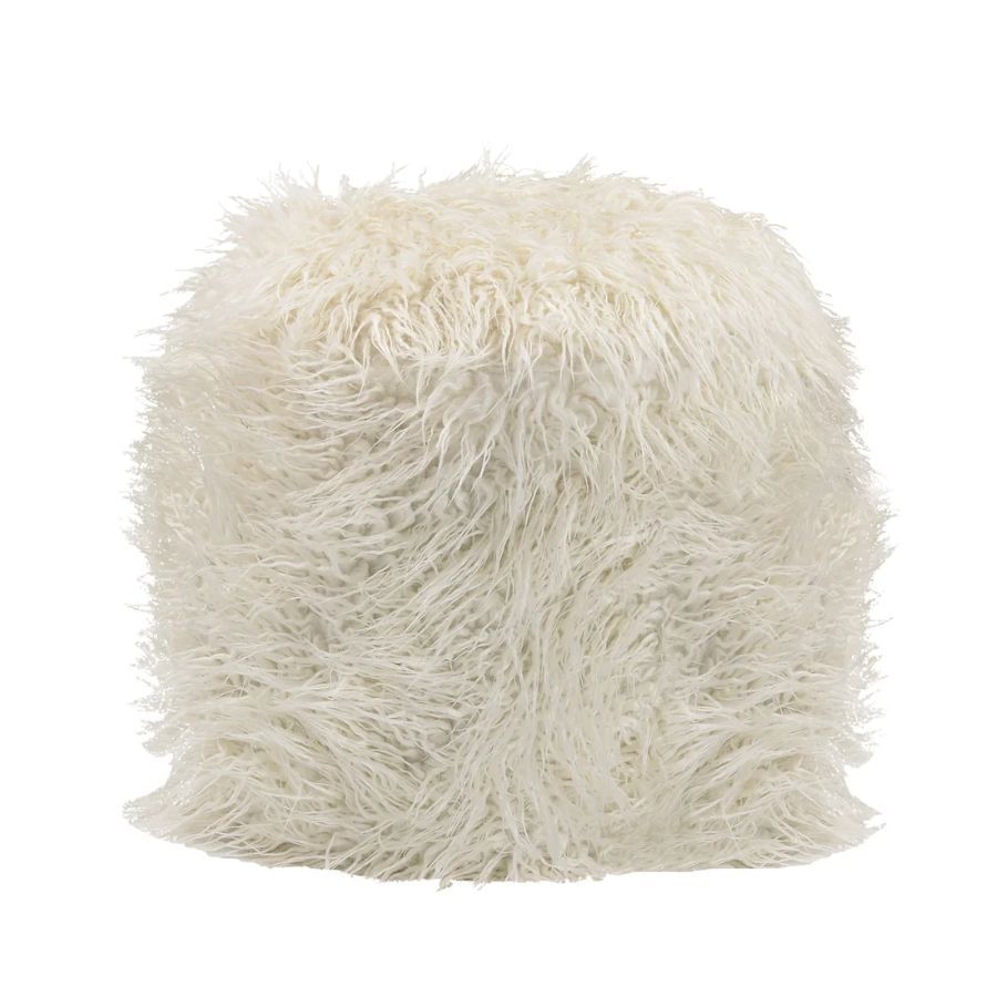 A cream sheepskin ottoman