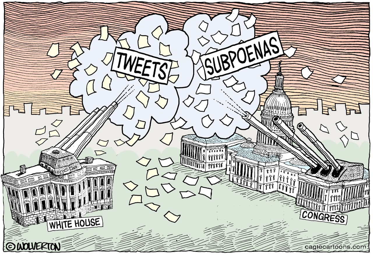 Political Cartoon U.S. White House Trump tweets Subpoenas