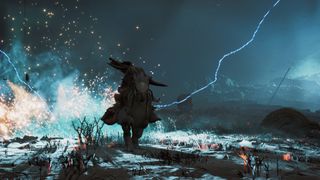 A Hunter rides a Seikret towards the camera as lightning strikes behind them, sending sparks trailing up into the sky