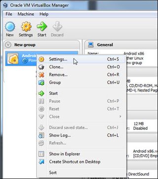 Select Settings in VirtualBox