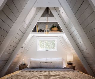 bedroom with white painted steeply pitched ceiling and shelf above