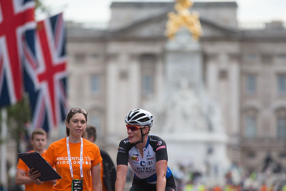 Kirsten Wild (NED) of Hitec Products Cycling Team coasts back to the finish for the podium ceremony after winning the Prudential RideLondon Classique