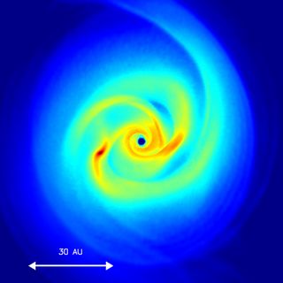 Birth of a primordial star, as seen through a supercomputer simulation which found that the first stars in the universe likely formed in groups instead of alone.