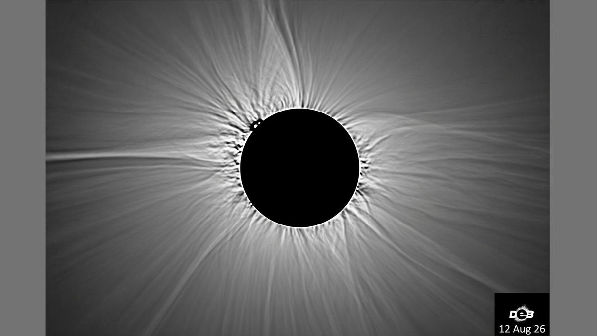 An eclipsed sun is shown with the structure of its atmosphere surrounding the silhouette of the moon