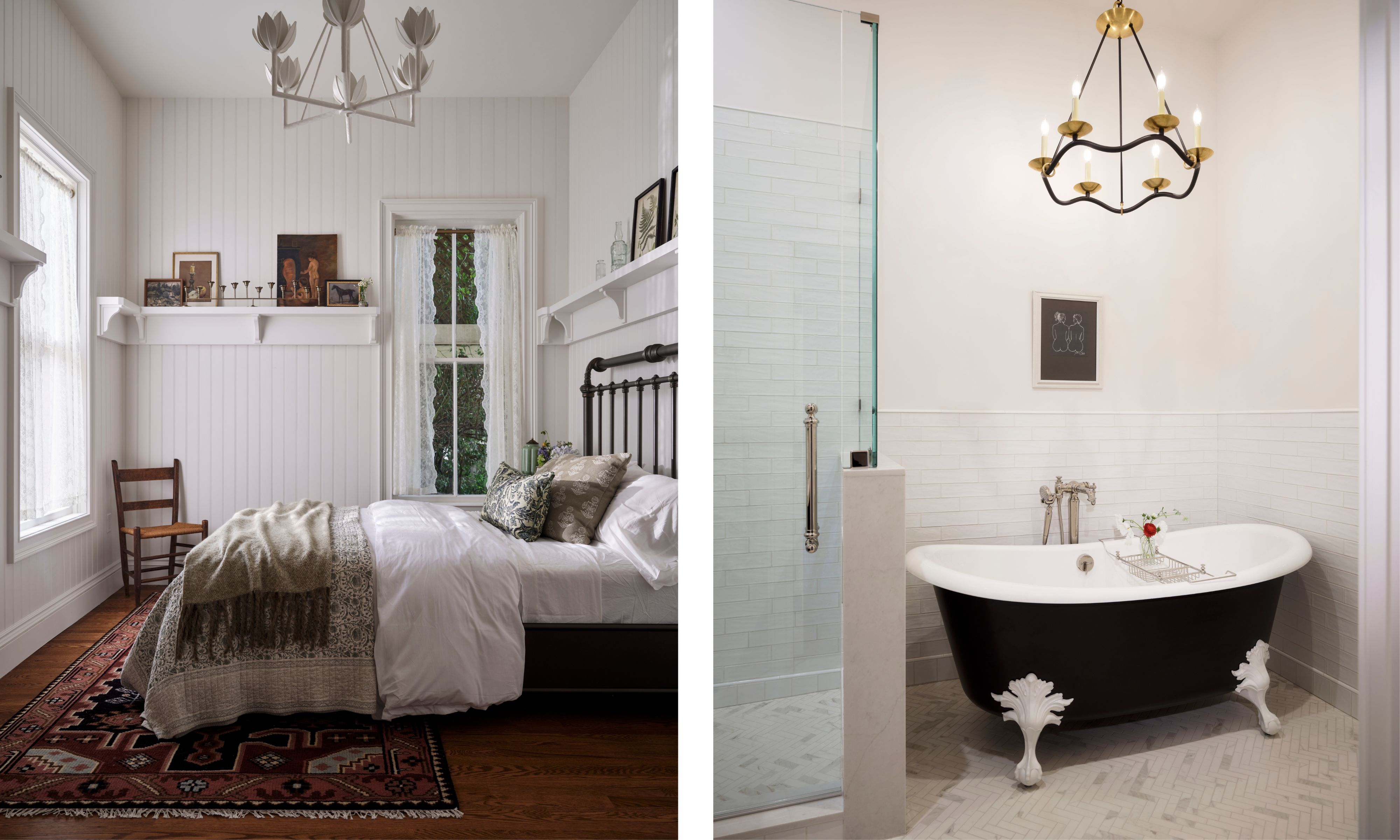 two side by side images of a primary suite, with cozy paneled vintage bedroom on the left and a fresh white bathroom on the right with black ornate tub