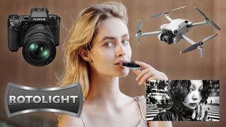 Weekly Wash – composite image of the Viltrox AF 28mm f/4.5 FE, a DJI Mini 4 Pro, a Fujifilm X-H2S, the Rotolight logo and a mono photograph by Daido Moriyama