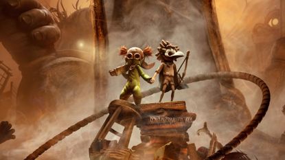 Digital storefront key art for Little Nightmares 3 showing the two masked kids holding hands among a clutter of household items as a large figure with a glowing eye menacingly watches them from the background, cropped closer to the highlight the children