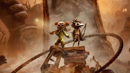 Digital storefront key art for Little Nightmares 3 showing the two masked kids holding hands among a clutter of household items as a large figure with a glowing eye menacingly watches them from the background, cropped closer to the highlight the children