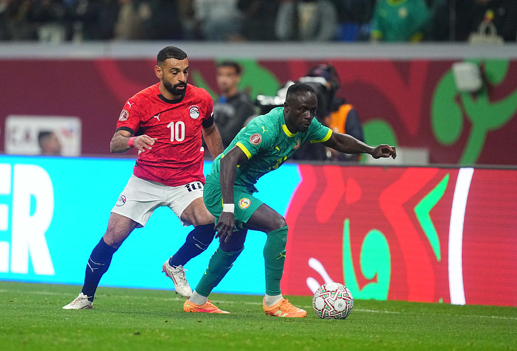 Sadio Mane of Senegal and Mohamed Salah Mahrous Ghaly of Egypt battle for the ball during the Semi-final final match between Senegal and Egypt at Tangier Stadium, Tangier, Morocco on January 14, 2026. (Photo by Ulrik Pedersen/NurPhoto via Getty Images)