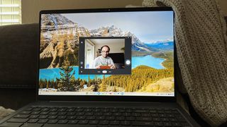 The Lenovo 5i Chromebook (16-inch) showing the front camera feed for a video call.