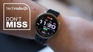 An Amazfit Active 2 smartwatch worn on a wrist with a don't miss banner