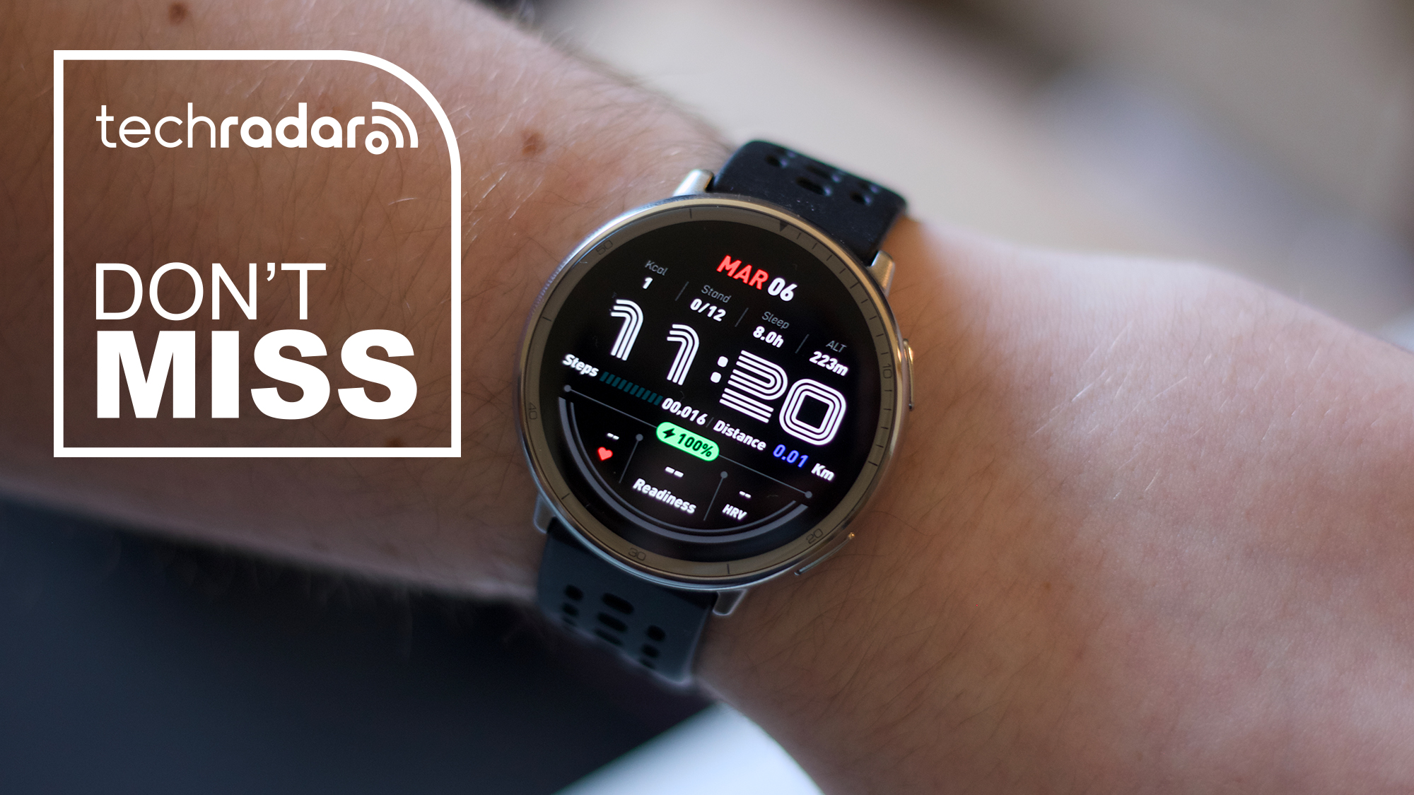 An Amazfit Active 2 smartwatch worn on a wrist with a don't miss banner
