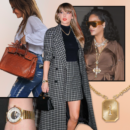 a collage of Jennifer Lopez, Taylor Swift, and Rihanna wearing loud luxury items in street style