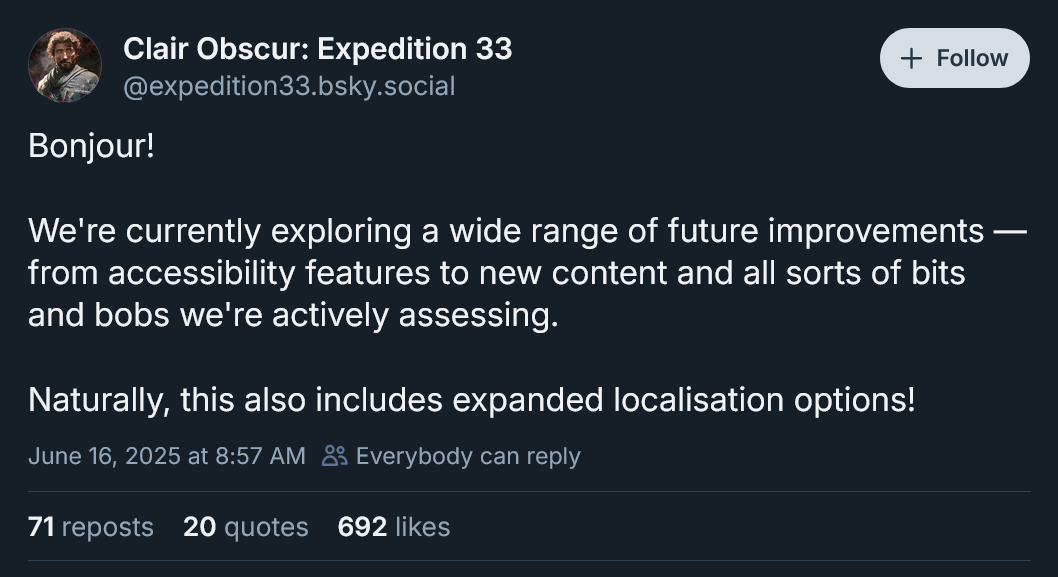Clair Obscur: Expedition 33 studio teases possible ‘new content’ and more language support: ‘It’s very much on our radar’