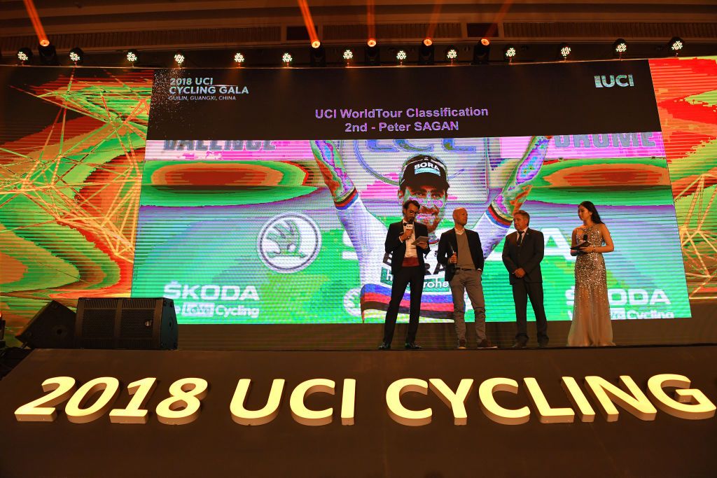 Peter Sagan was second in the 2018 WorldTour standings. Bora DS Christian Pomer collected his award