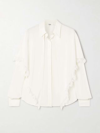 Lace-Trimmed Draped Layered Silk-Crepe De Chine Shirt