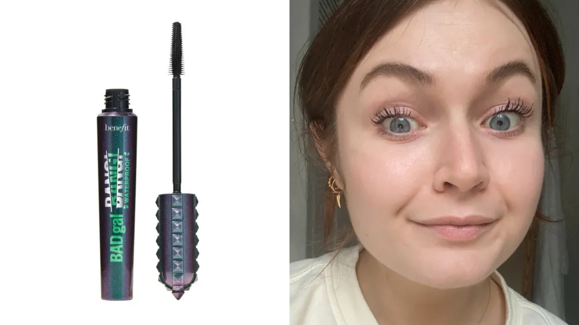 Composite image showing the Benefit BadGal Bang Waterproof Mascara (left) and Lucy wearing the product (right)