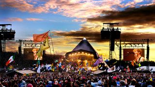 The Pyramid stage lit up with thousands of fans during a Glastonbury Festival headline set
