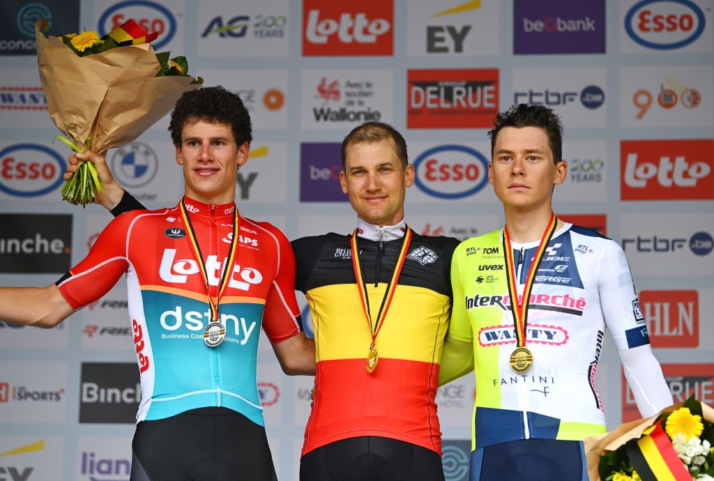 BINCHE BELGIUM JUNE 20 LR Silver medalist Alec Segaert of Belgium and Team Lotto Dstny gold medalist Tim Wellens of Belgium and UAE Team Emirates and bronze medalist Rune Herregodts of Belgium and Team Intermarche Wanty pose on the podium during the medal ceremony after the 105th National Championships Belgium 2024 Mens Individual Time Trial a 385 km on June 20 2024 in Binche Belgium Photo by Luc ClaessenGetty Images