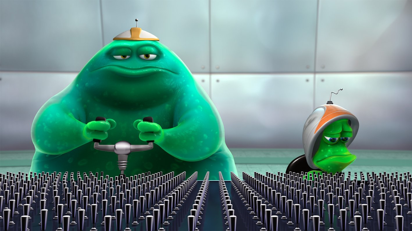 The screenshot from the pixar short movie was lifted, showing two green foreigners controlling their spaceship.