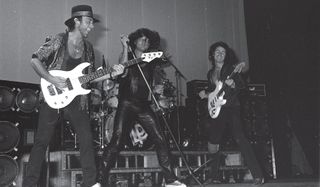(from left) Deep Purple’s Roger Glover, Ian Gillan and Ritchie Blackmore perform December 12, 1984, at Australia's Sydney Entertainment Centre.