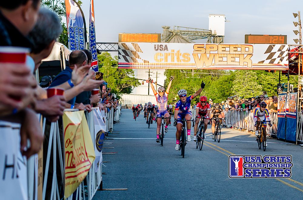 Lauretta Hanson win as teammate Christy Keely celebrates after her perfect leadout
